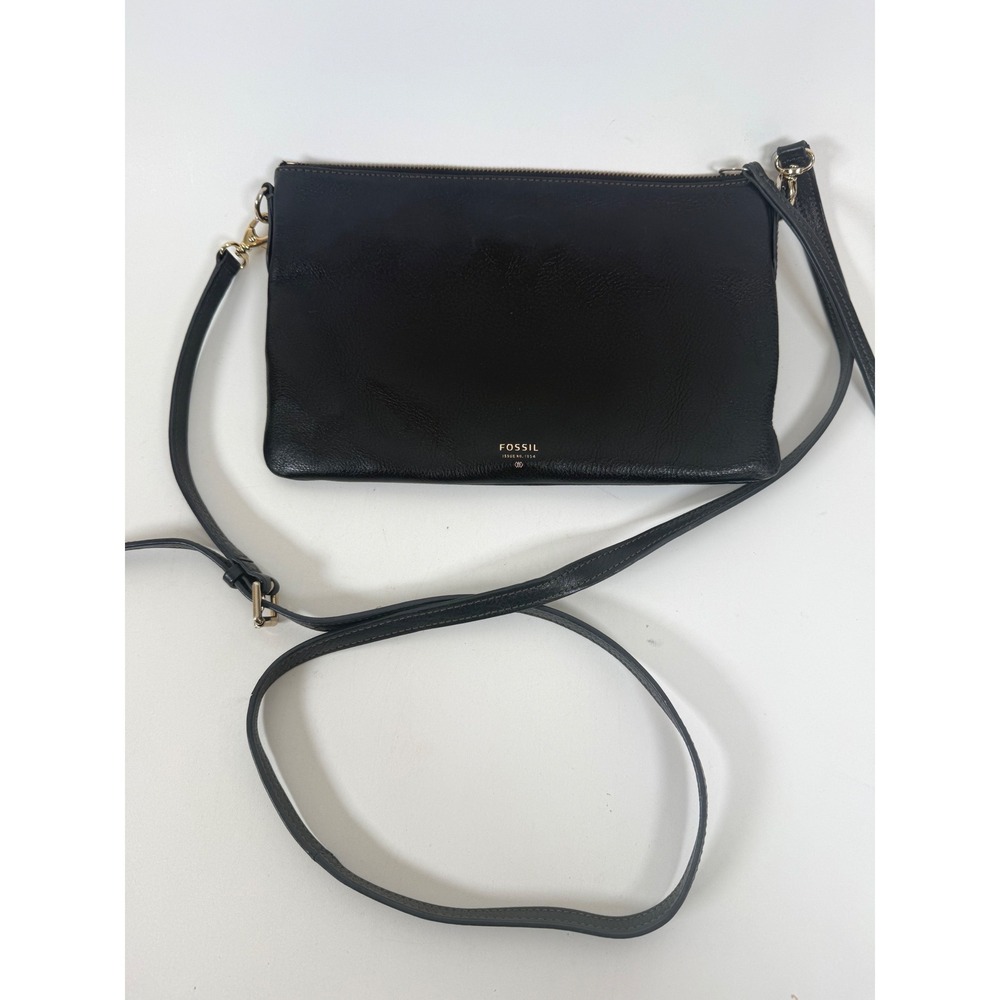 Fossil Sydney Top Zip Crossbody Bag Women's Pebbled Leather Gold Hardware Black